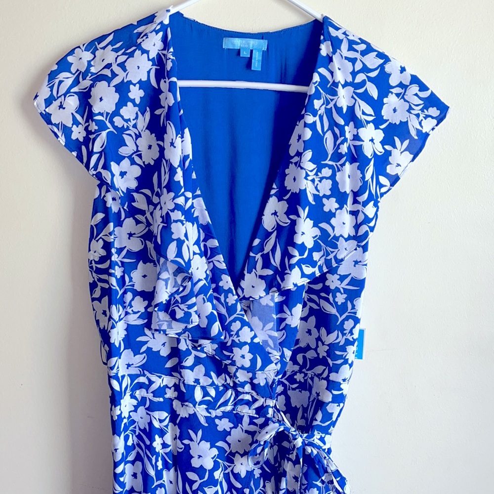 Draper James RSVP Blue Floral flutter Sleeve Wrap Dress- L